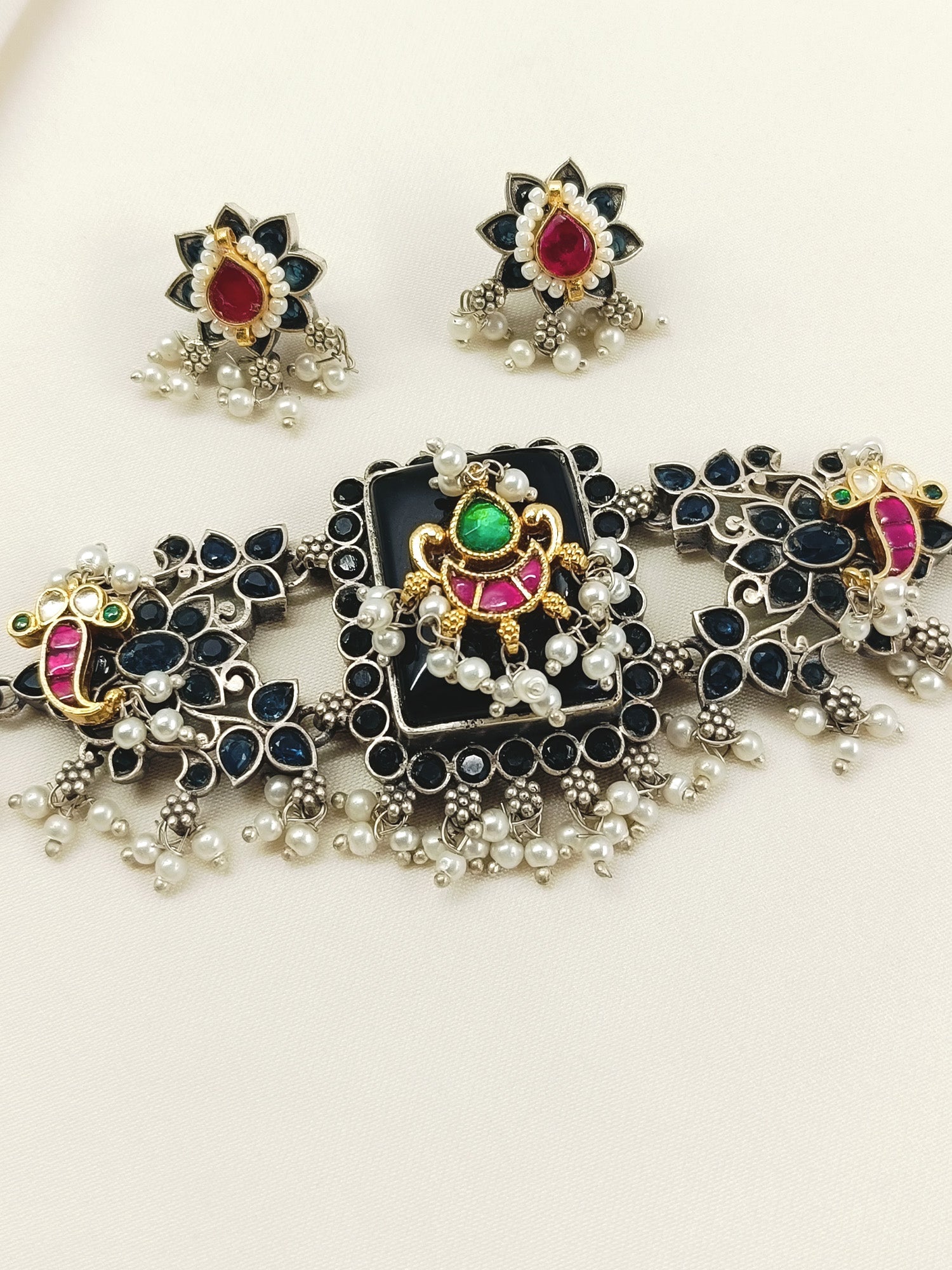 Laviza Blue Oxidized Choker Set