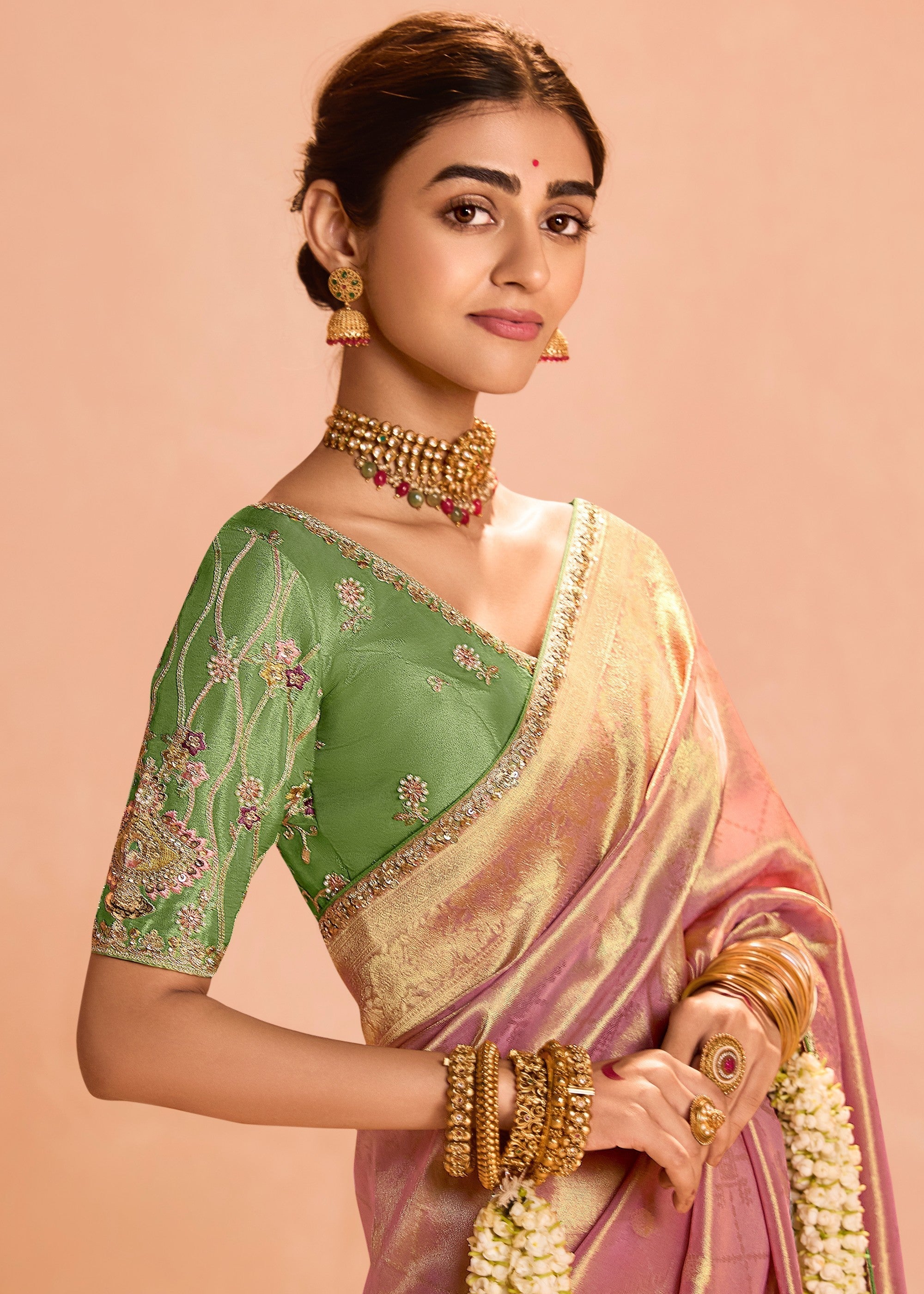 Rose Pink Zari Tissue Silk Saree With Weaving Work And Heavy Embroidery Lace : Top Pick - qivii