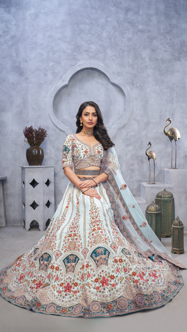 Sky Blue Lehenga with Zari Paisley Embroidery, Silk Patches, and Regal Peacock Motifs