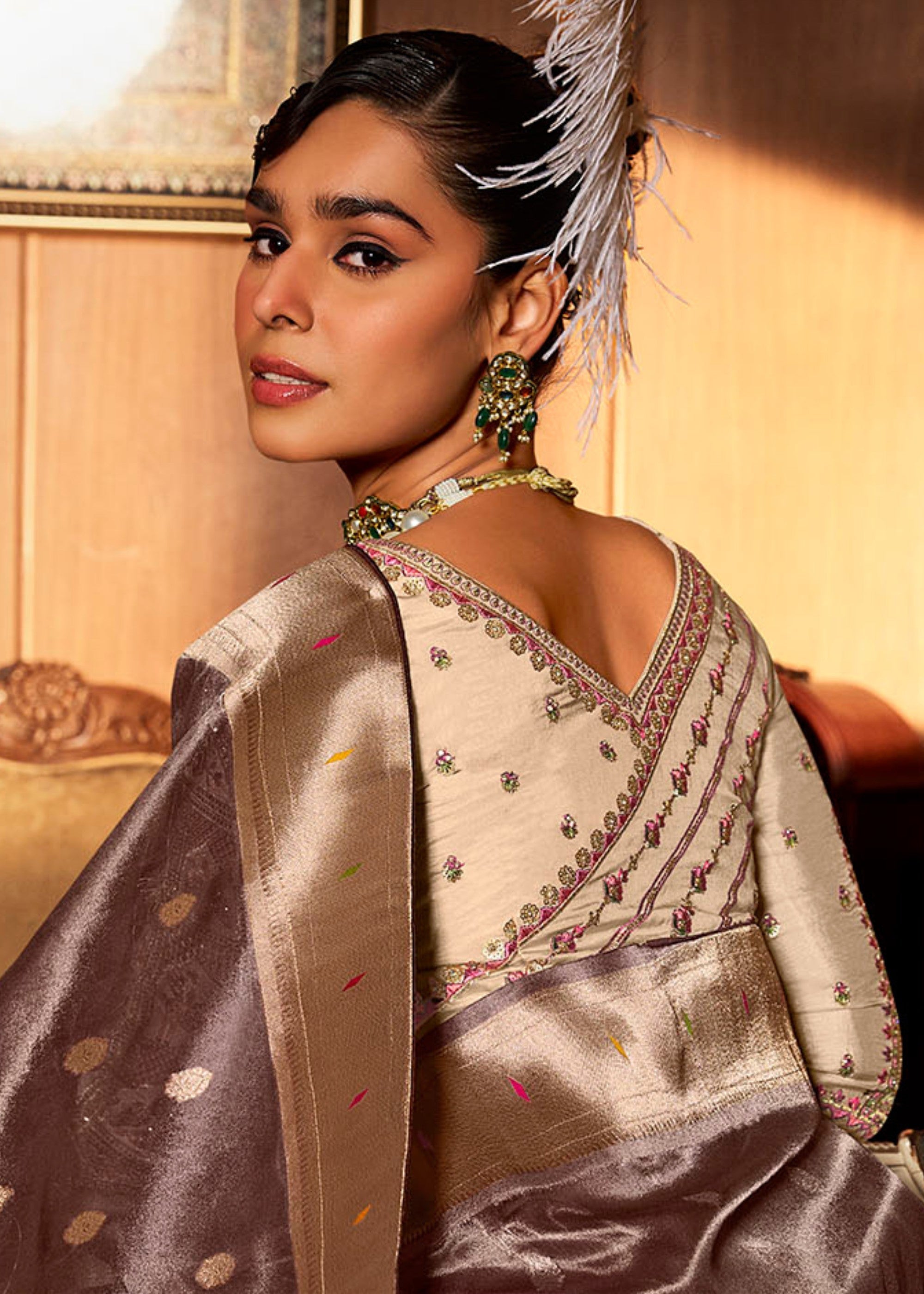 Pecan Brown Pure Tissue Paithani Silk Saree with Heavy Designer Embroidered Blouse - qivii