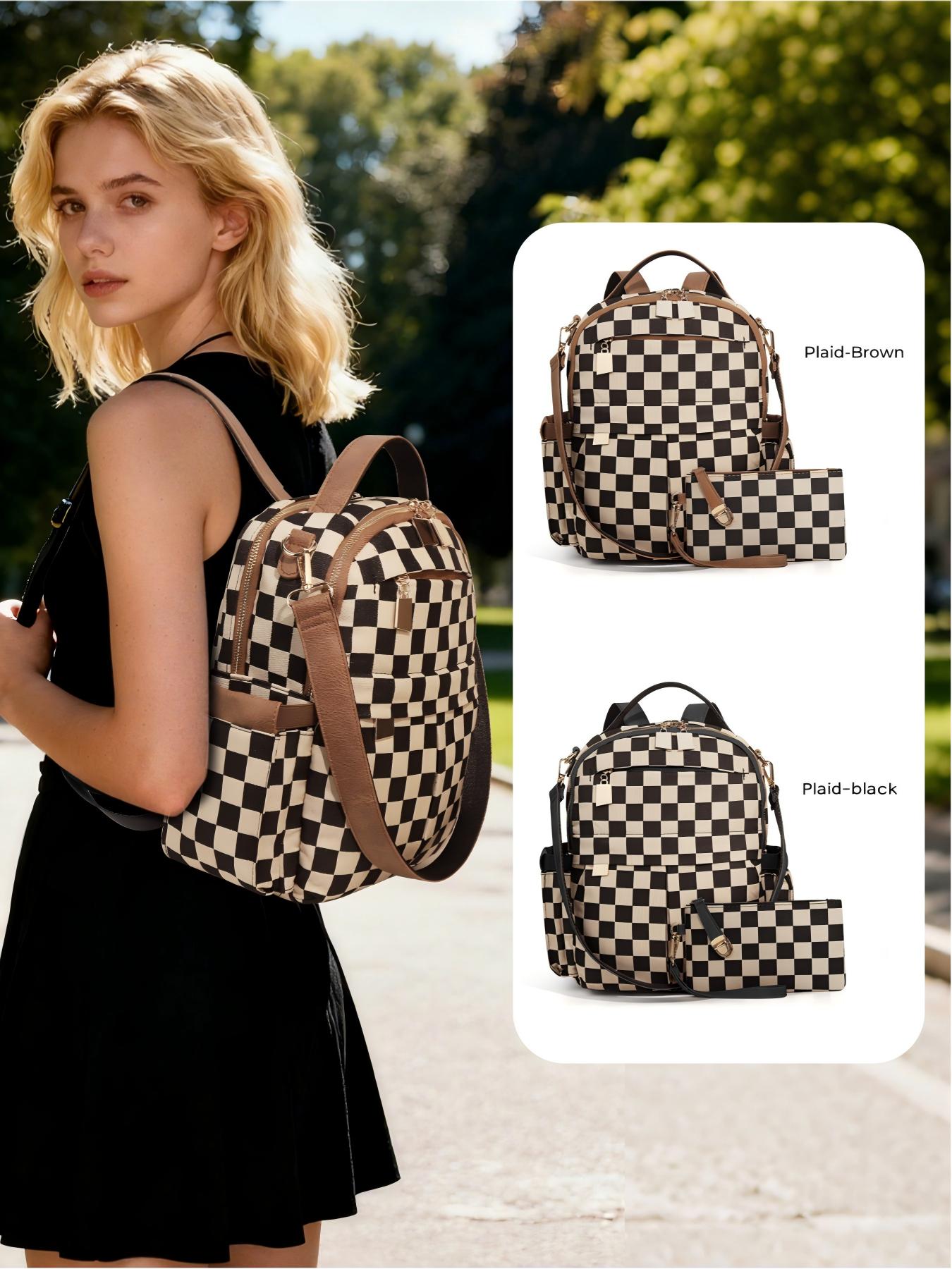 Ounamei Checkered Backpack Purse for Women | Anti-Theft Travel & Work Bag with Matching Pouch