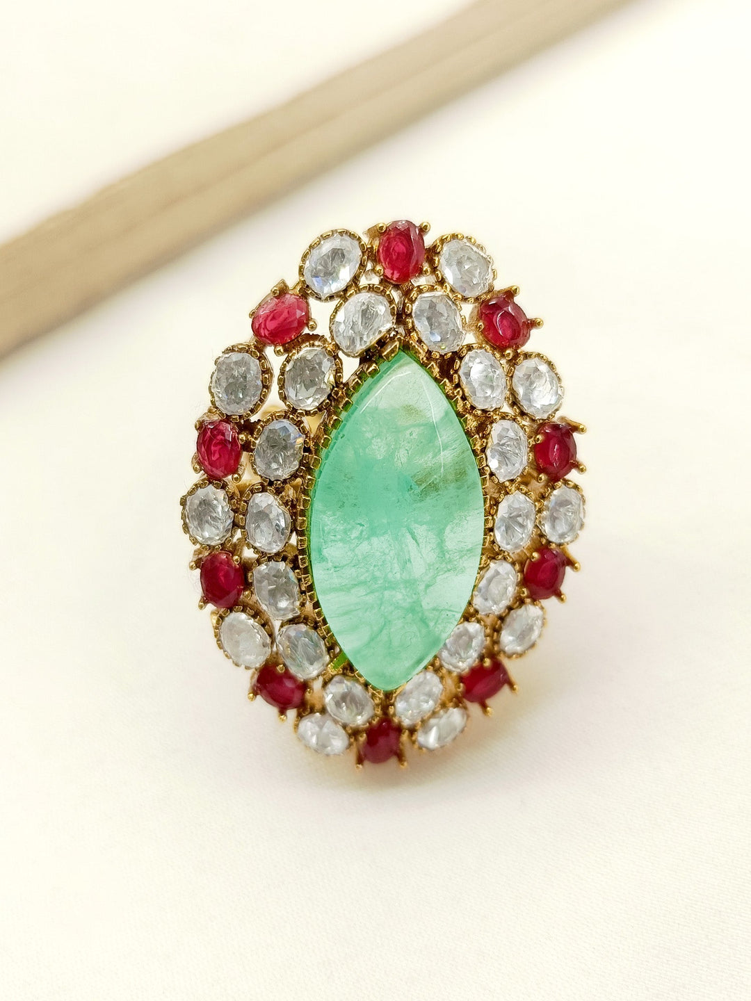 Beautiful Judith M & G Kundan Finger Ring with intricate gold detailing and sparkling gemstones