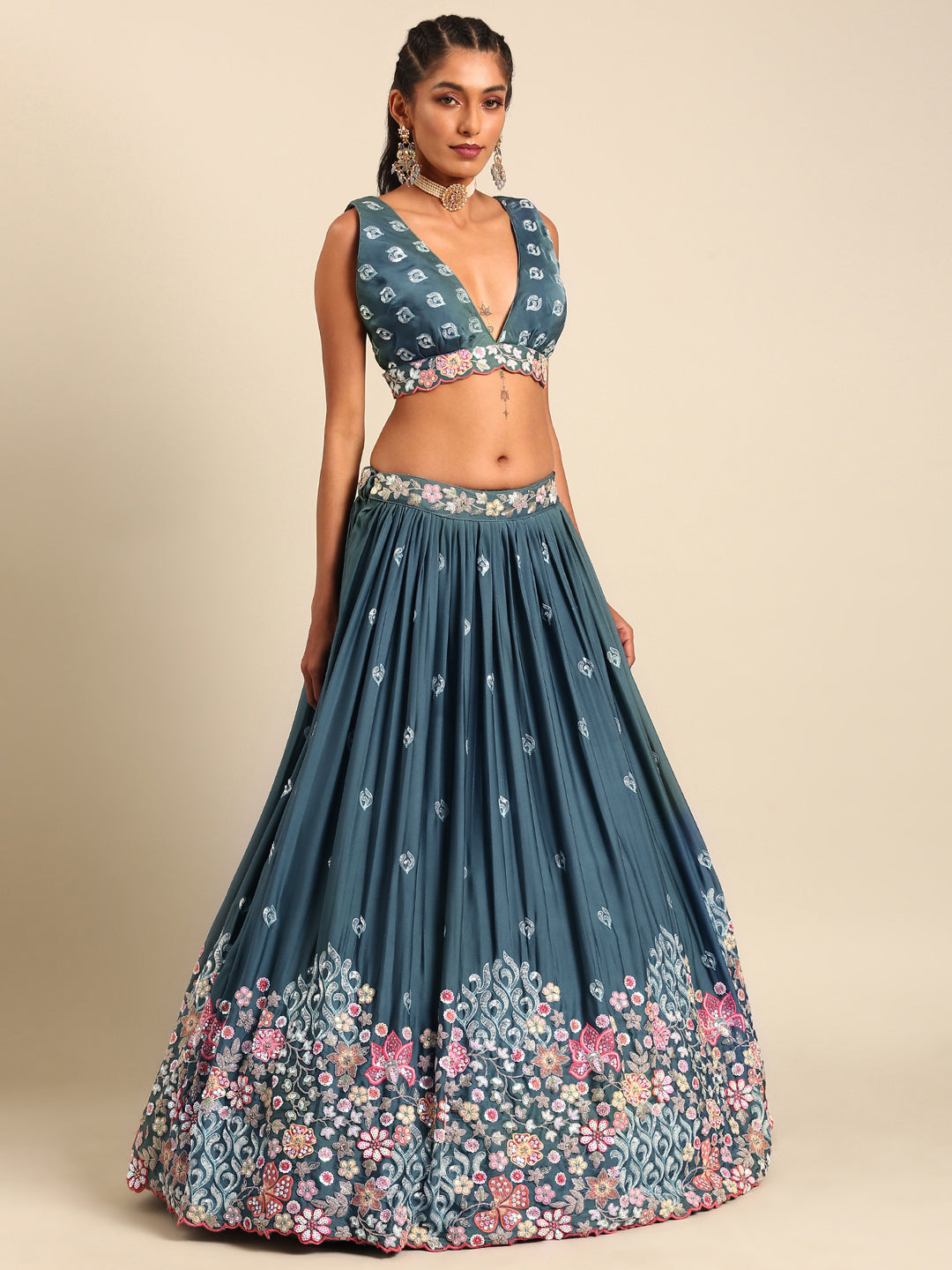 Multi-Color Sequins Coding Embroidered Chinon Stitched Lehenga Choli