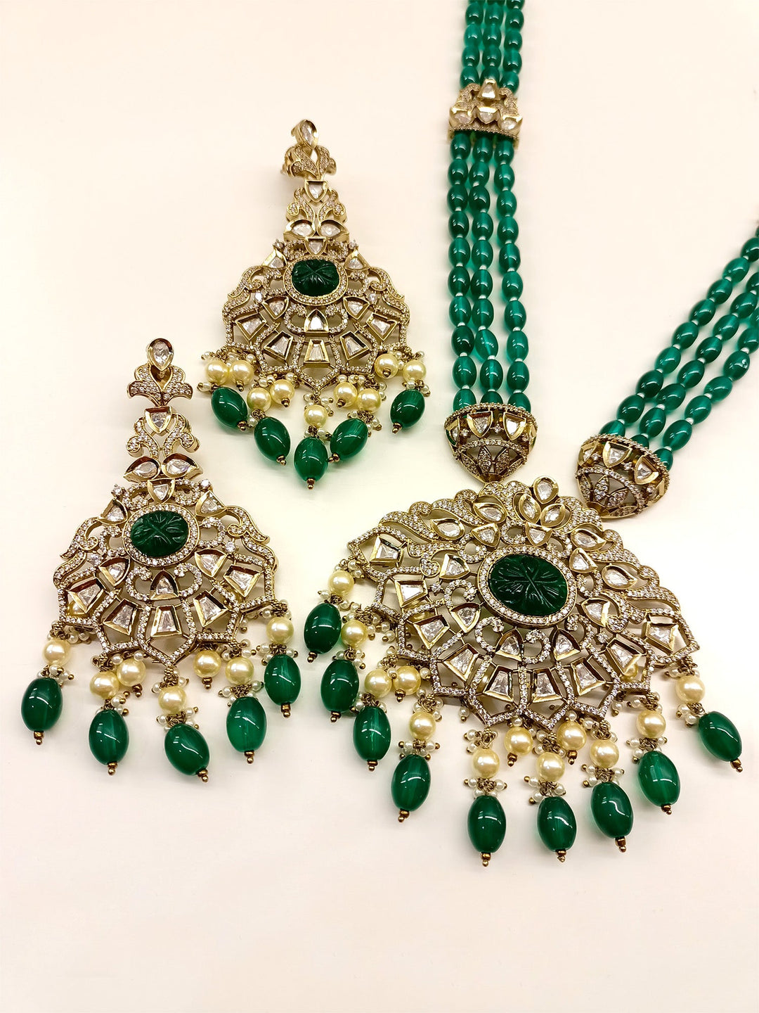 Isabella Green Kundan Polki Long Necklace Set