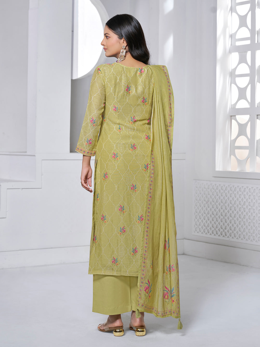 OLIVE PRINTED WITH LACE WORK STRAIGHT KURTA WITH DYED TROUSERS AND PRINTED DUPATTA