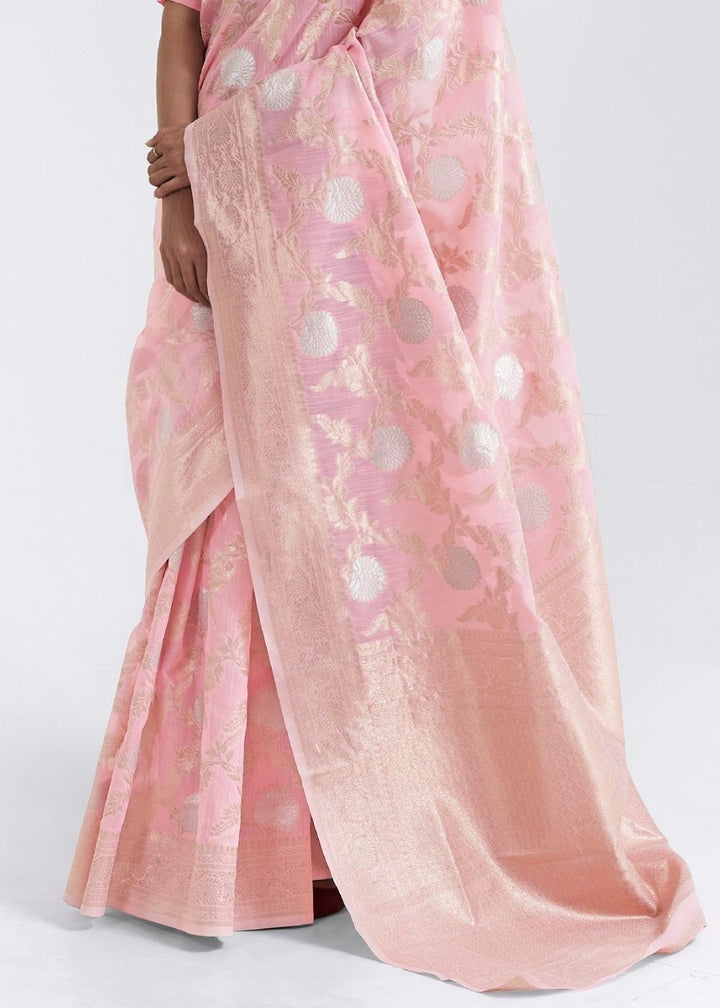 Rose Pink Zari Woven Linen Silk Saree