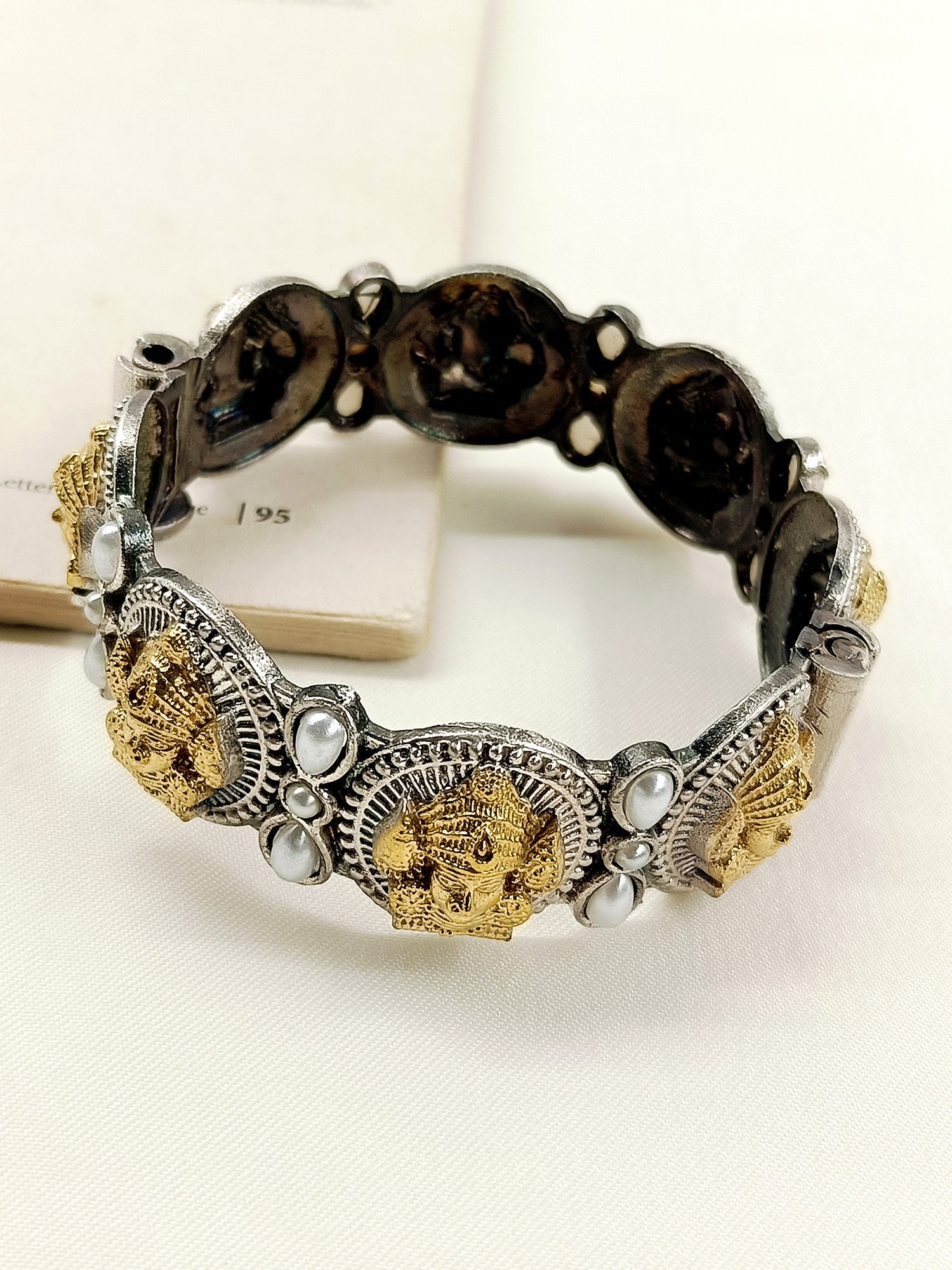 Radhya White Pearl Oxidized kada