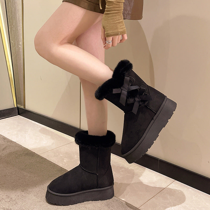 Women's Bow-Knit Cozy Winter Boots - Shearling Lined Chunky Platform Snow Boots (US 5-9.5)