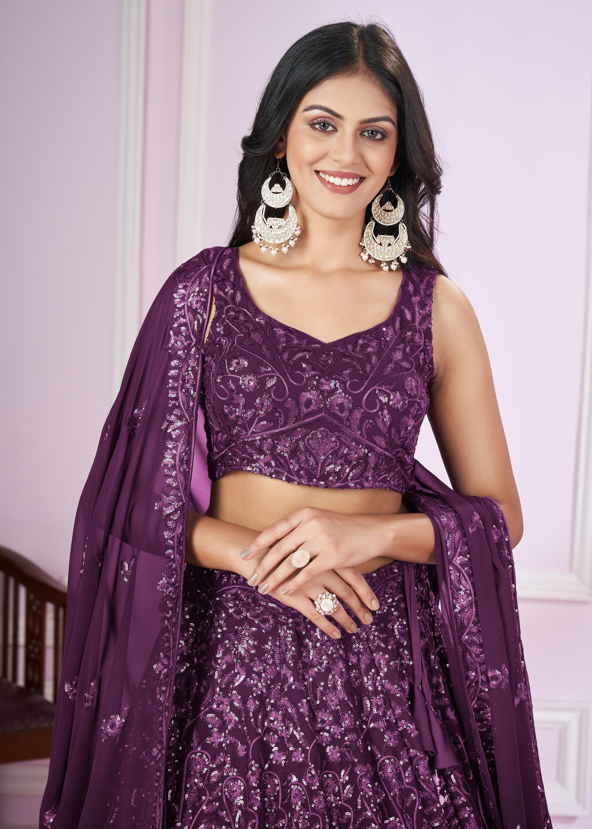 Mulberry Purple Georgette Lehenga Choli With Sequins And Thread Embroidery Work | Ready To Wear - qivii