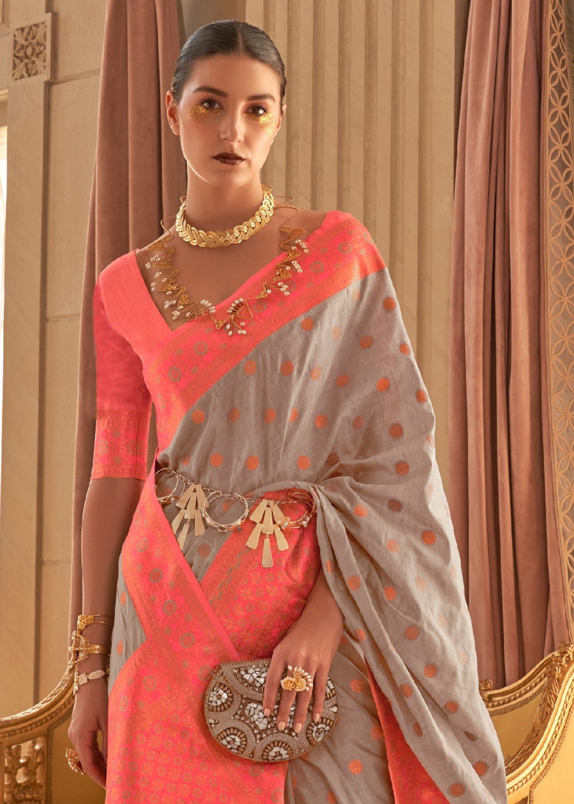 Platinum Grey Bamboo Copper Zari Handloom Weaving Saree - qivii