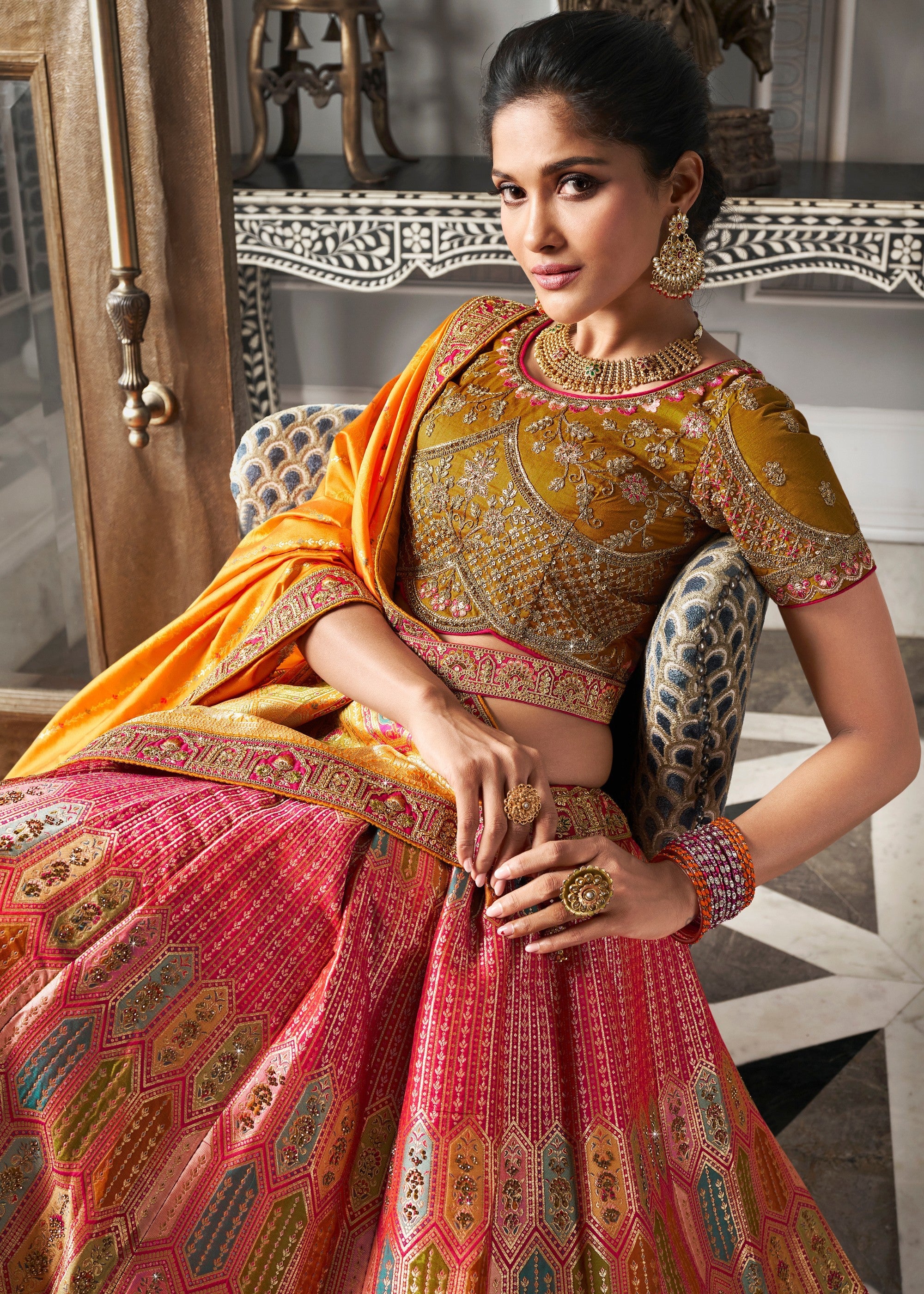 Mustard Yellow & Orange Banarasi Silk Lehenga with Zarkan Codding work | Ready To Wear - qivii
