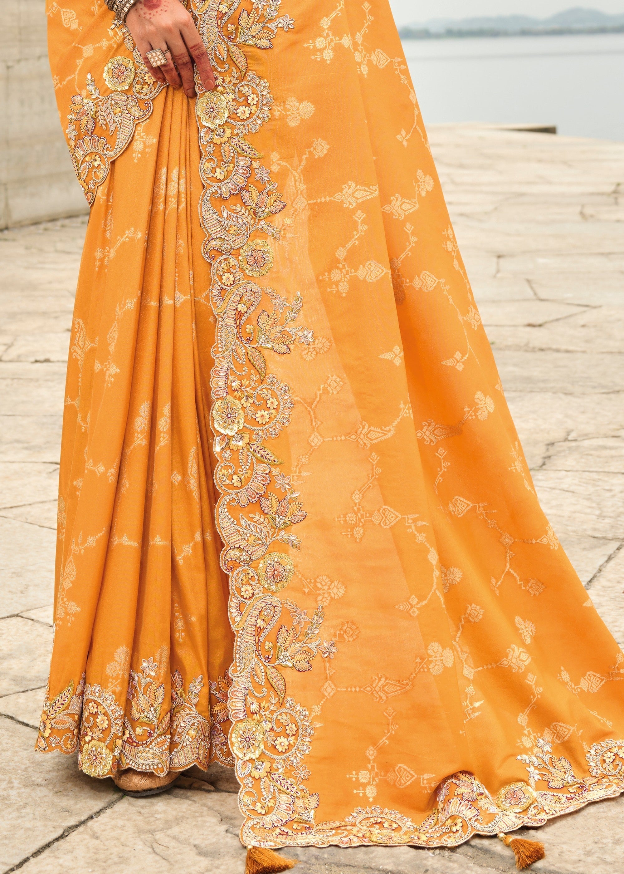 Orange Viscose Tissue Silk Saree With Embroidery Cut Work Border And Sequence Work - qivii