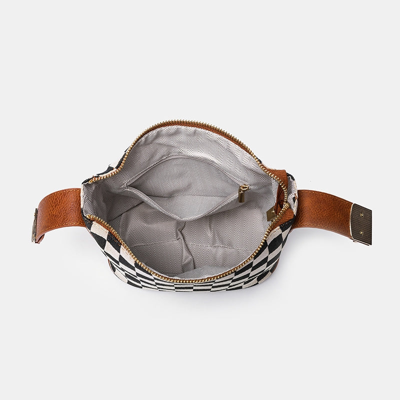 Ounamei Checkered Canvas Handbag with Leather Trim | Top Handle Shoulder & Crossbody Mini Box Bag
