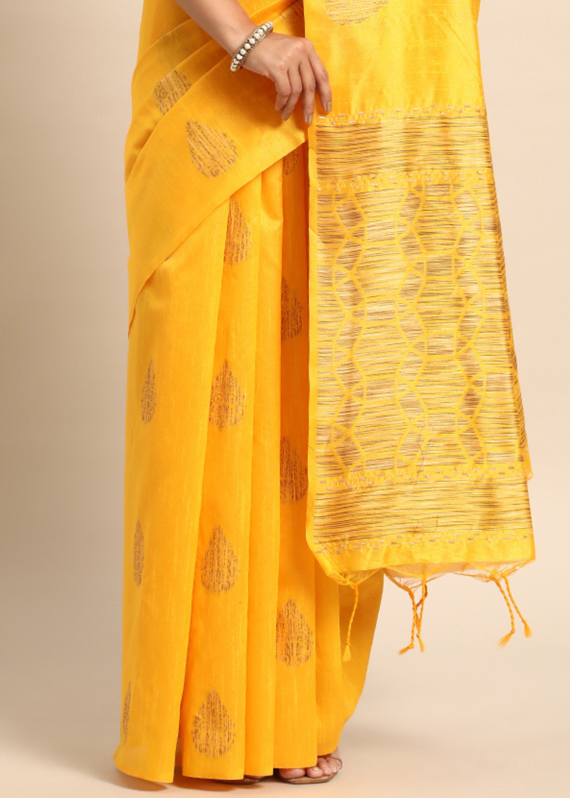 Golden Yellow Denim Blue Woven Handloom Raw Silk Saree - qivii