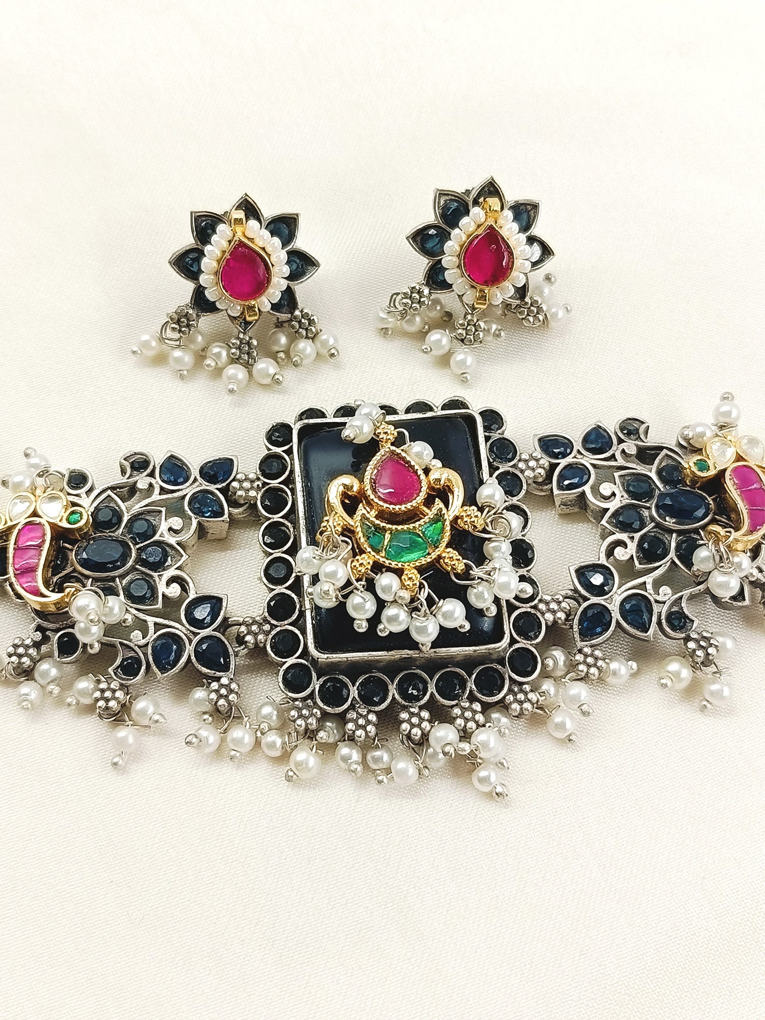 Shibu Blue Oxidized Choker Set