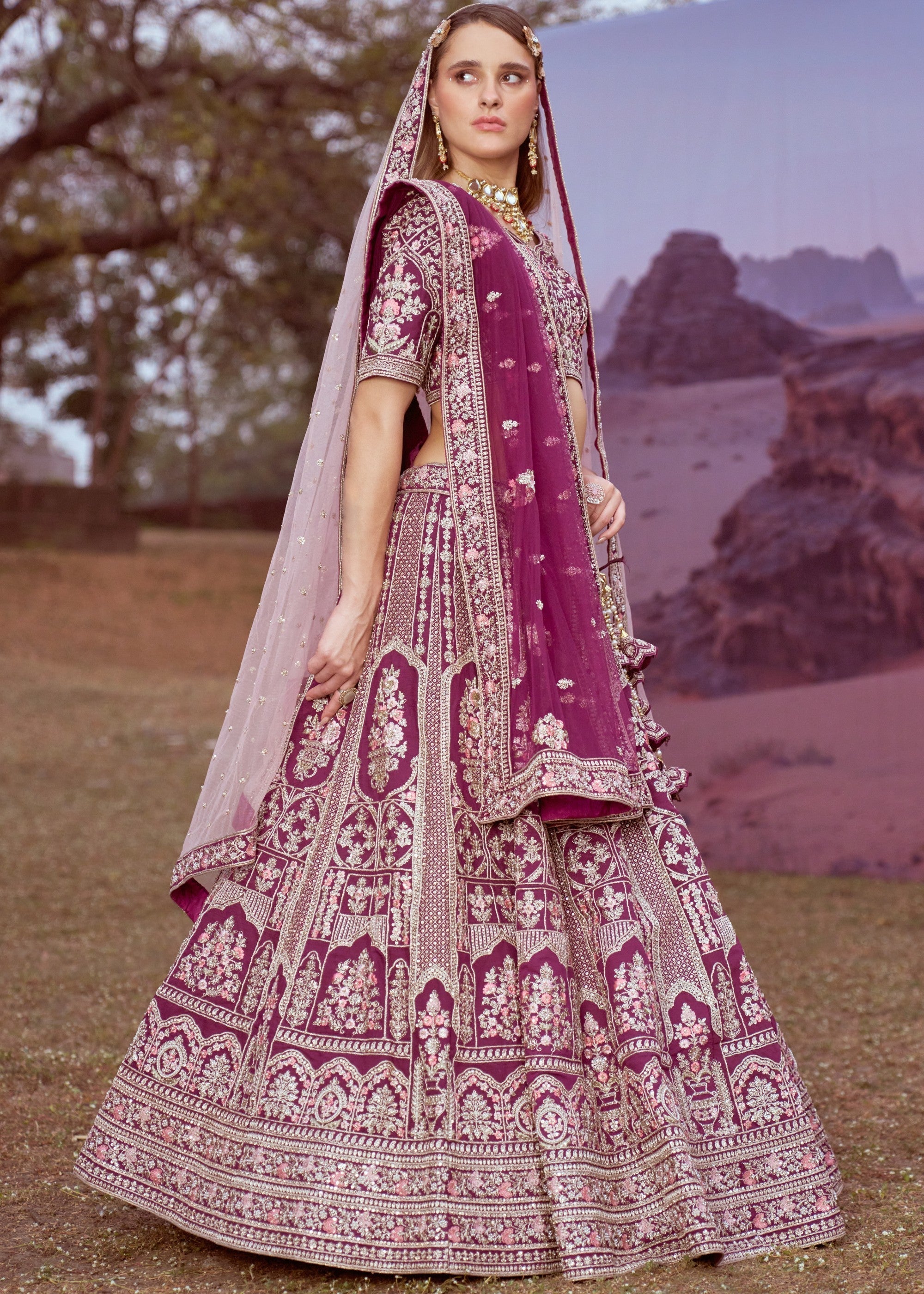 Purple Pure silk Moti, Sequins embroidery Bridal Lehenga | Ready To Wear - qivii