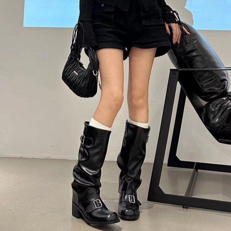 Women's Harper Slouch Boots - Chunky Heel Buckle Knee-High Boots (US 4-10.5)