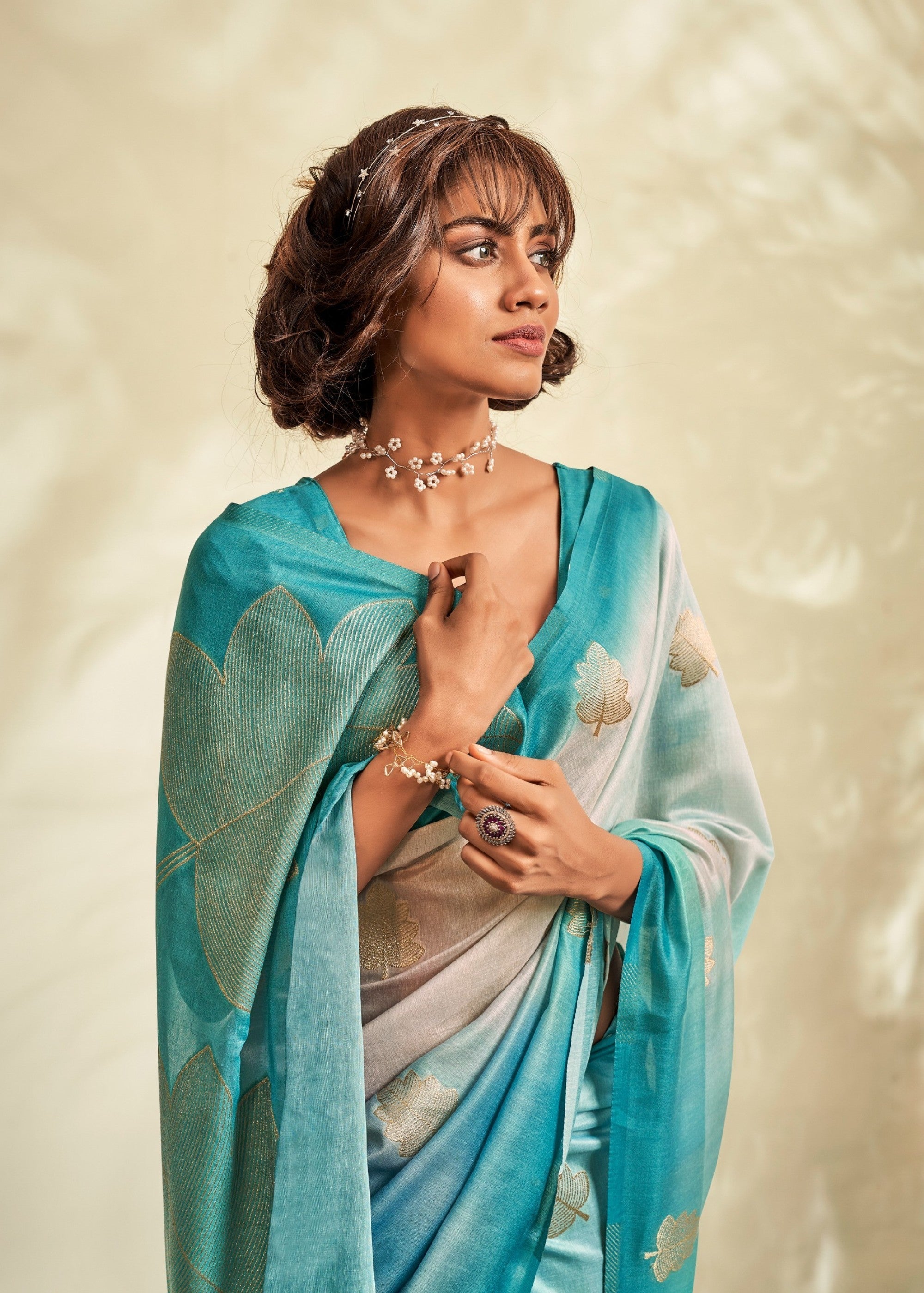 Turquoise Blue Handloom Khadi Silk with Digital Print - qivii