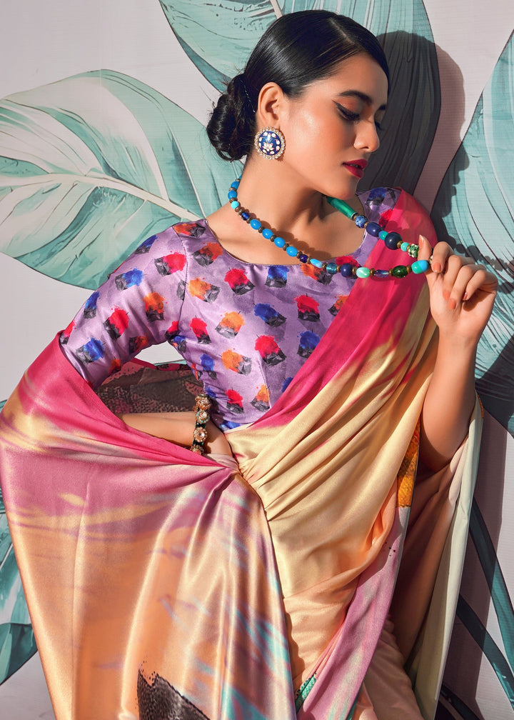 Peach with Multicolour Satin Crepe With Digital print