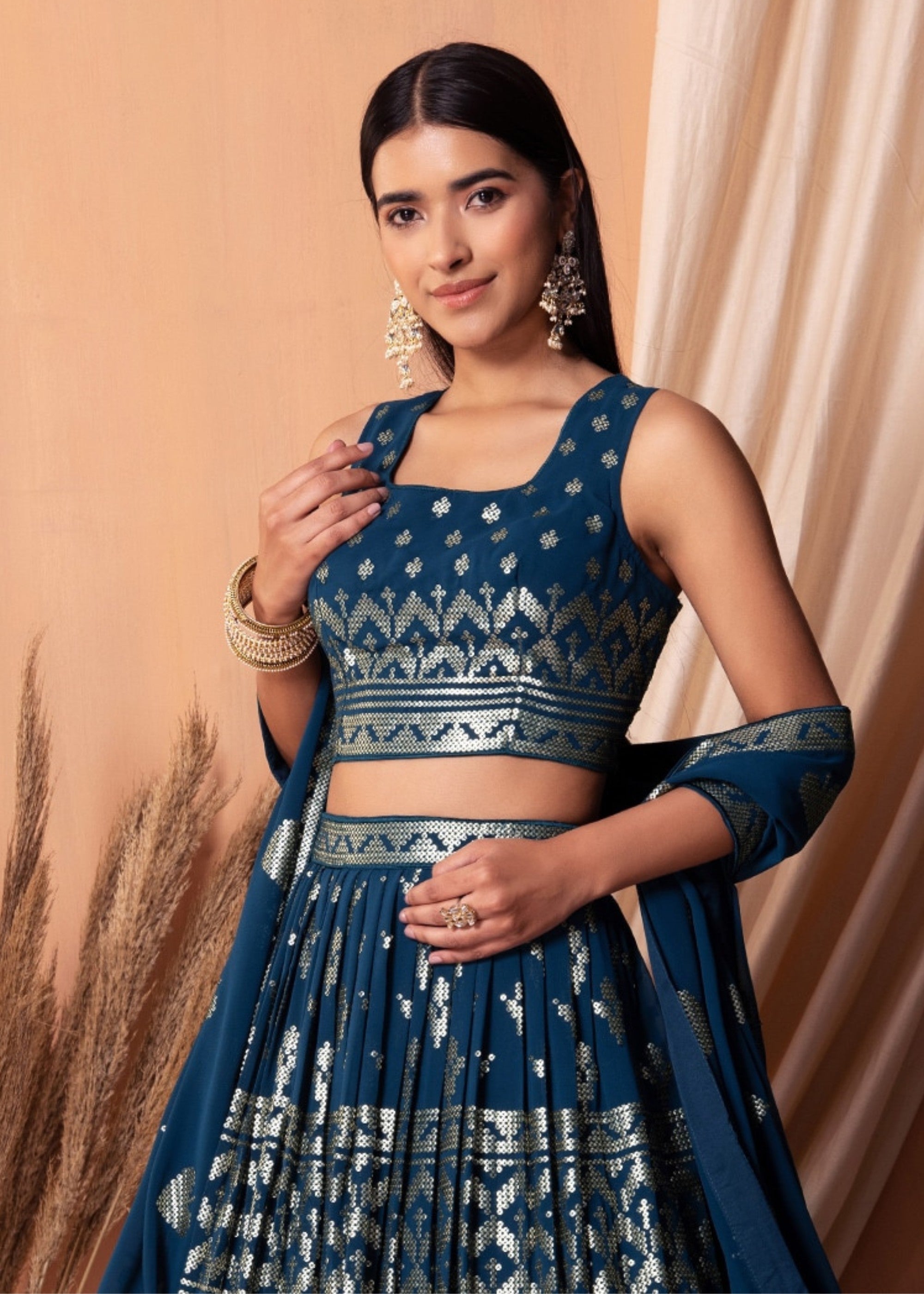 Royal Blue Georgette Lehenga Choli With Sequins And Thread Embroidery Work | Ready To Wear - qivii