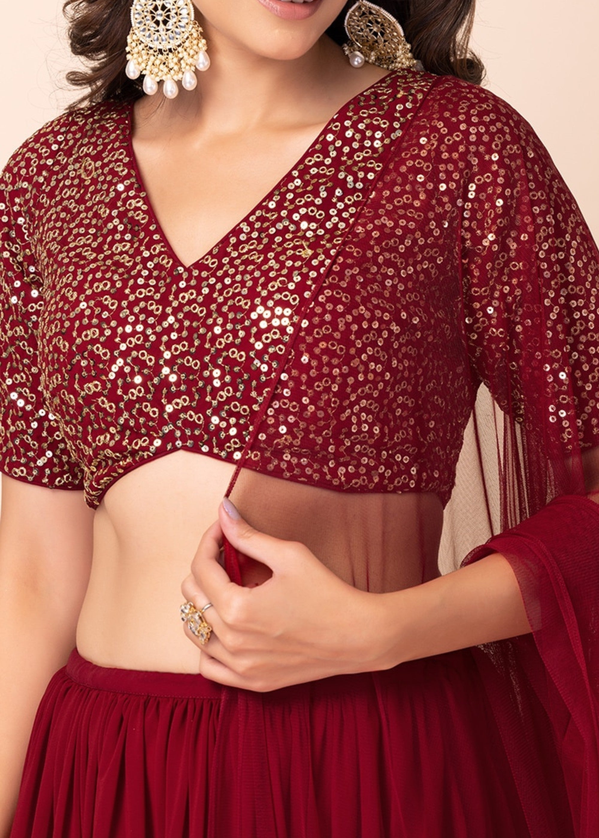 Garnet Red Georgette Lehenga Choli With Sequins And Thread Embroidery Work | Ready To Wear - qivii