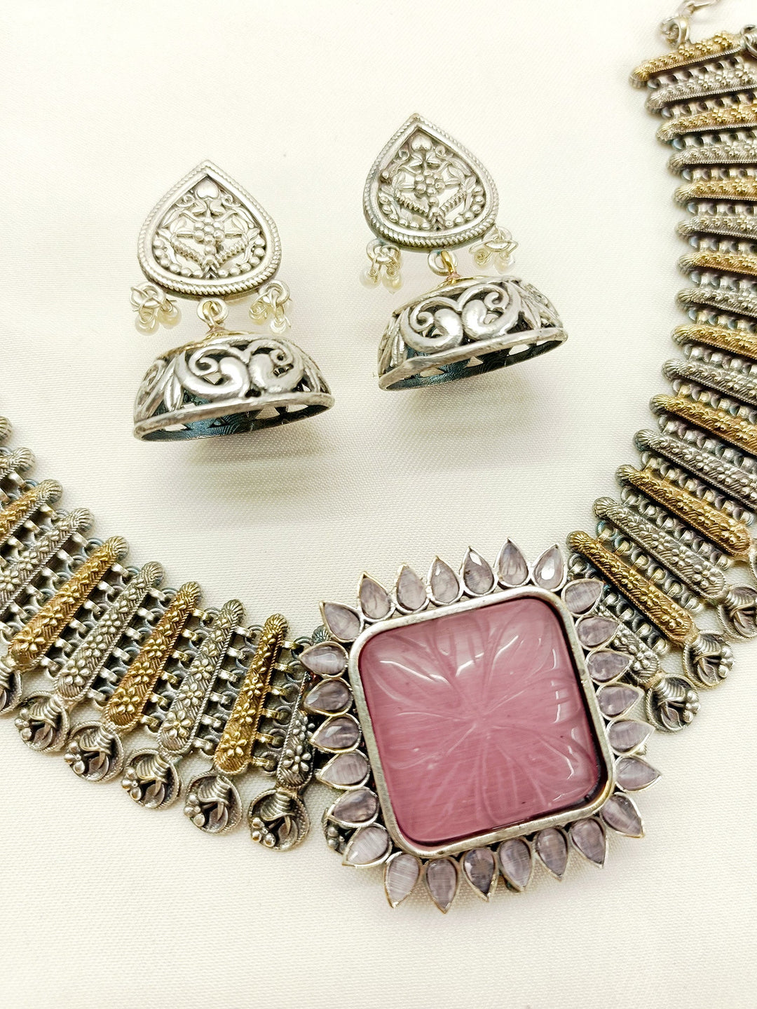 Jagriti Baby Pink Oxidized Necklace Set