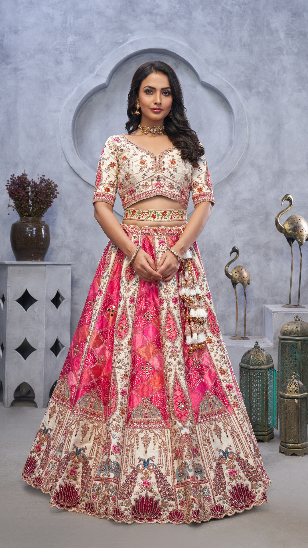 Ivory Bridal Lehenga with Temple Motifs, Peacock Designs & Bandhej Jacquard Patches Lehenga Choli