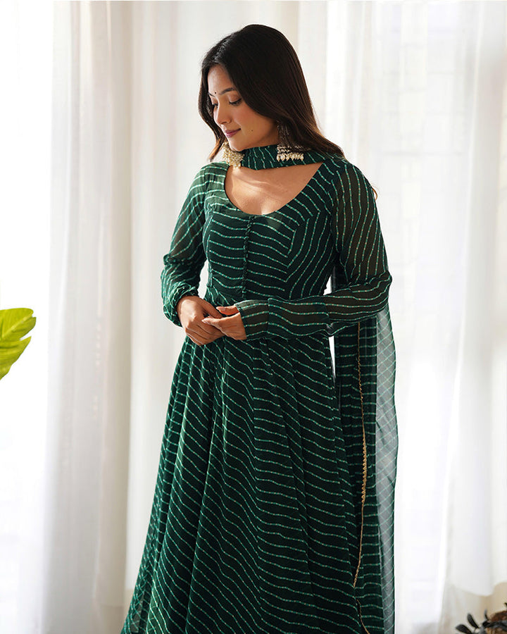 Green Color Laheriya Print Georgette Three Piece Anarkali Suit  - By Qivii