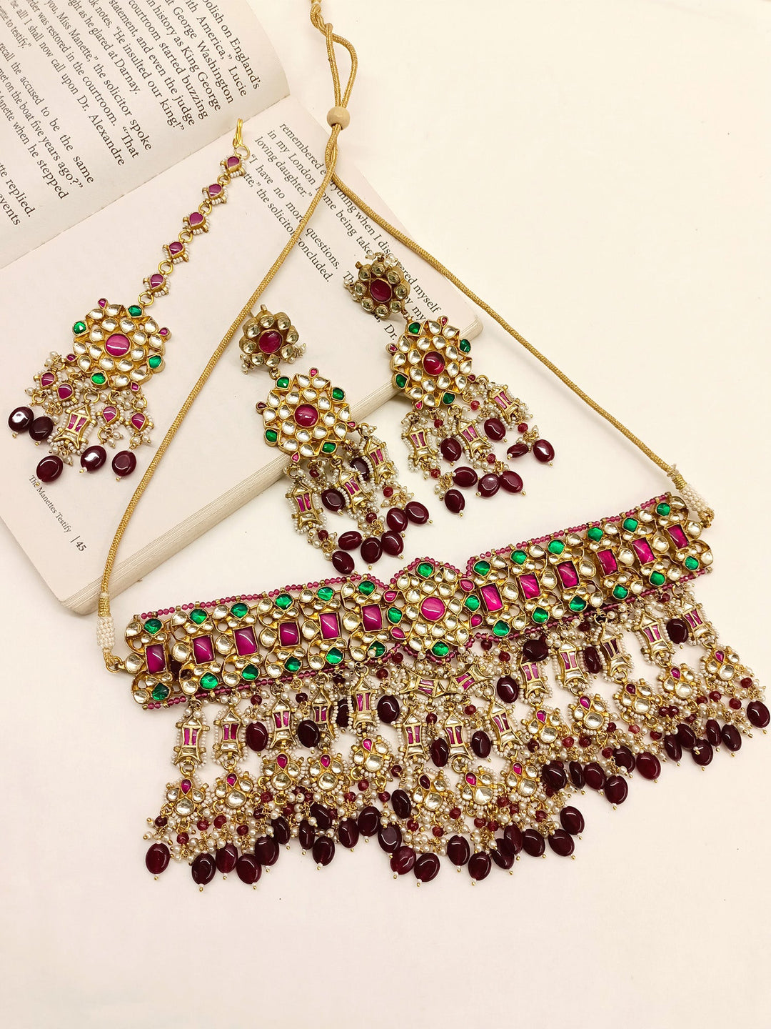 Saksham Maroon & Green Kundan Choker Set