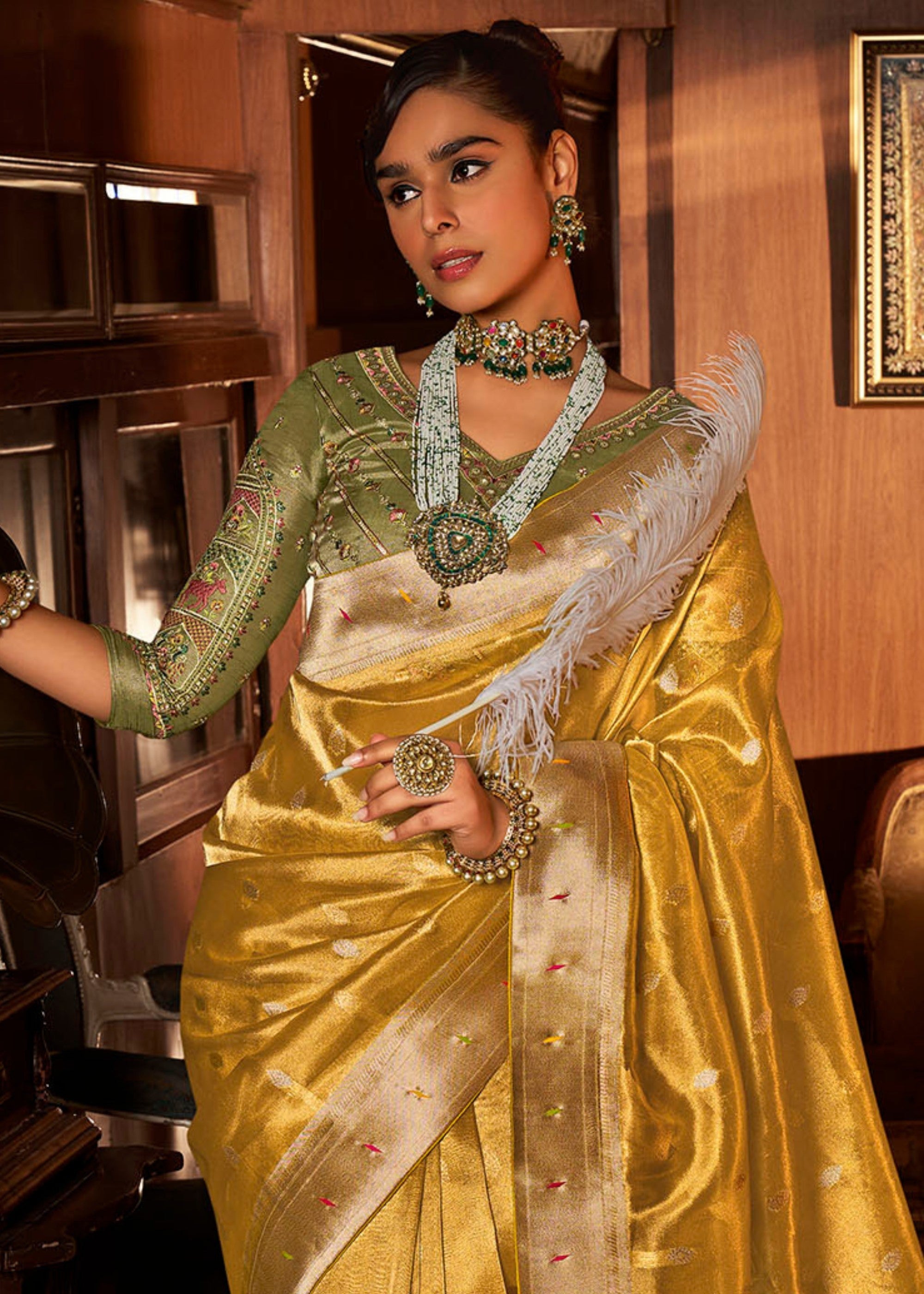 Canary Yellow Pure Tissue Paithani Silk Saree with Heavy Designer Embroidered Blouse - qivii