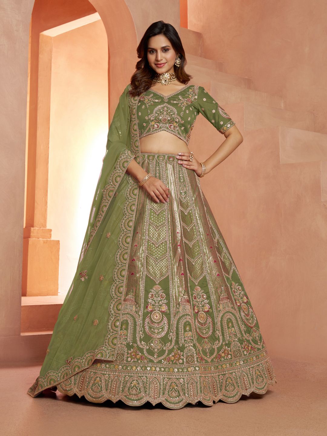 Green Banarasi Silk Festive Lehenga with Floral Pastel Shades