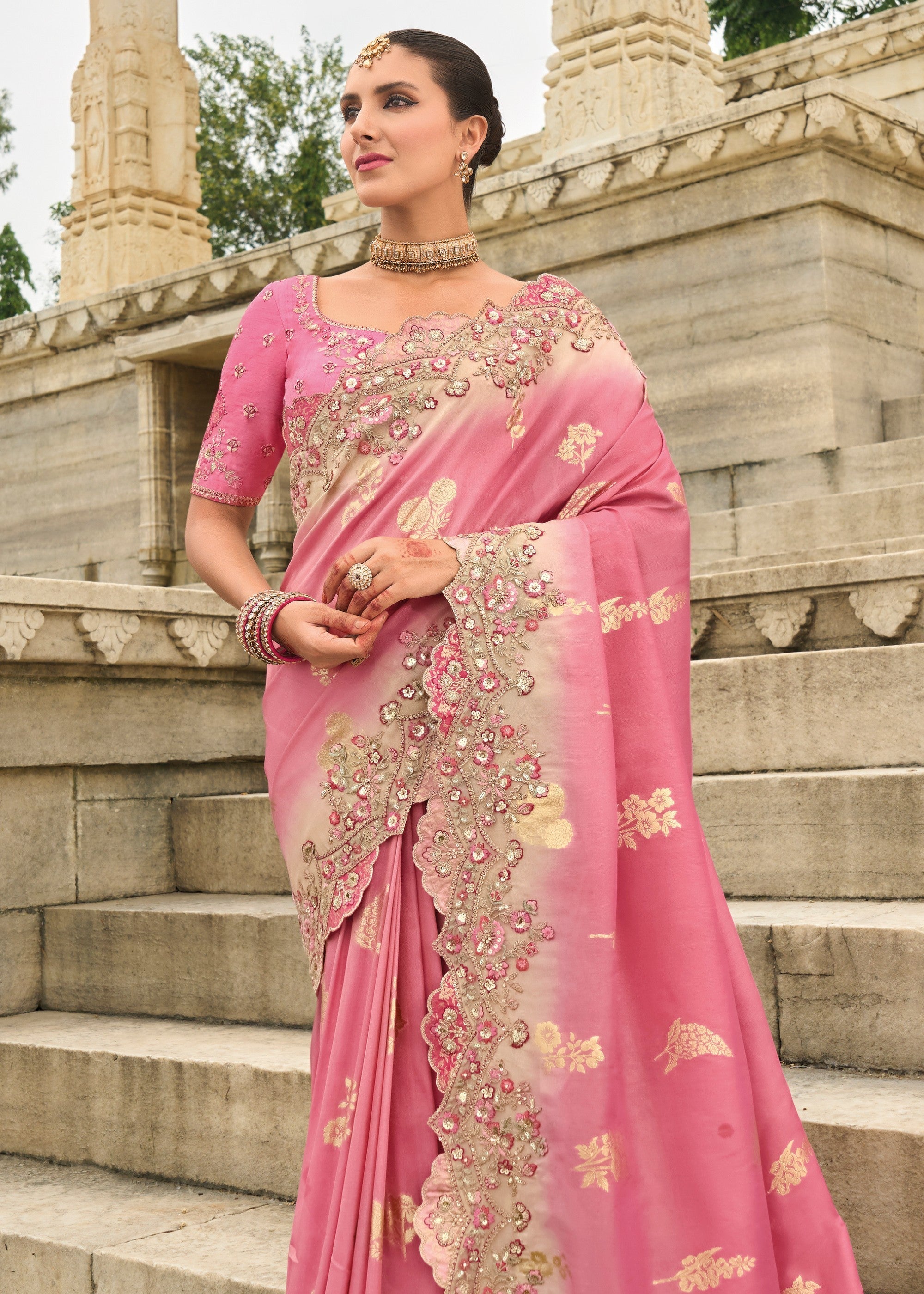 Blush Pink Viscose Tissue Silk Saree With Embroidery Cut Work Border And Sequence Work - qivii