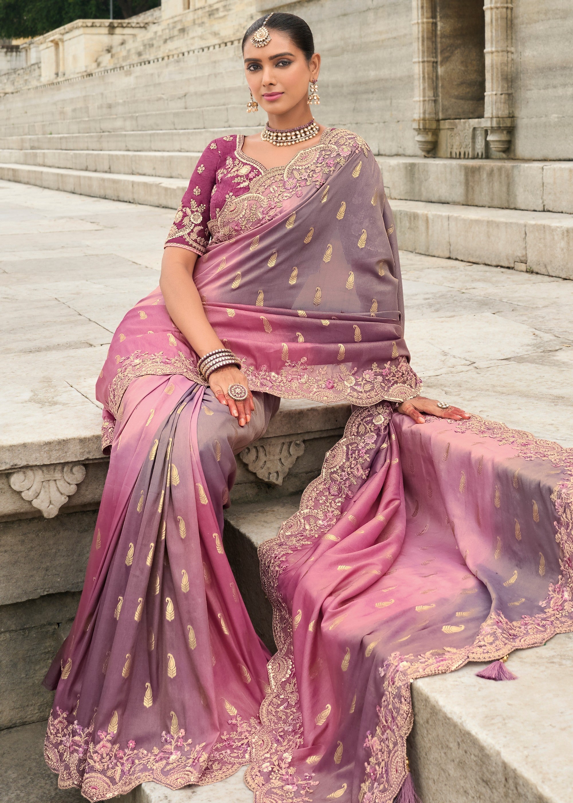 Mauve Purple And Pink Viscose Tissue Silk Saree With Embroidery Cut Work Border And Sequence Work - qivii