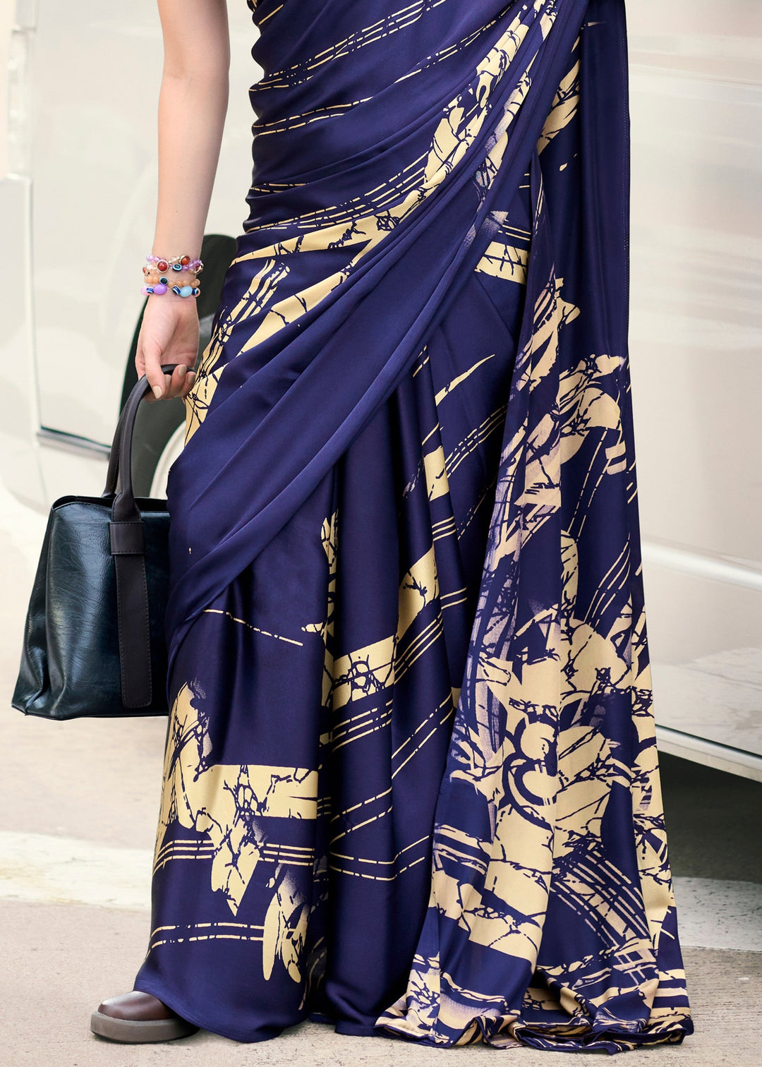 Royal Blue Printed Satin Silk Saree