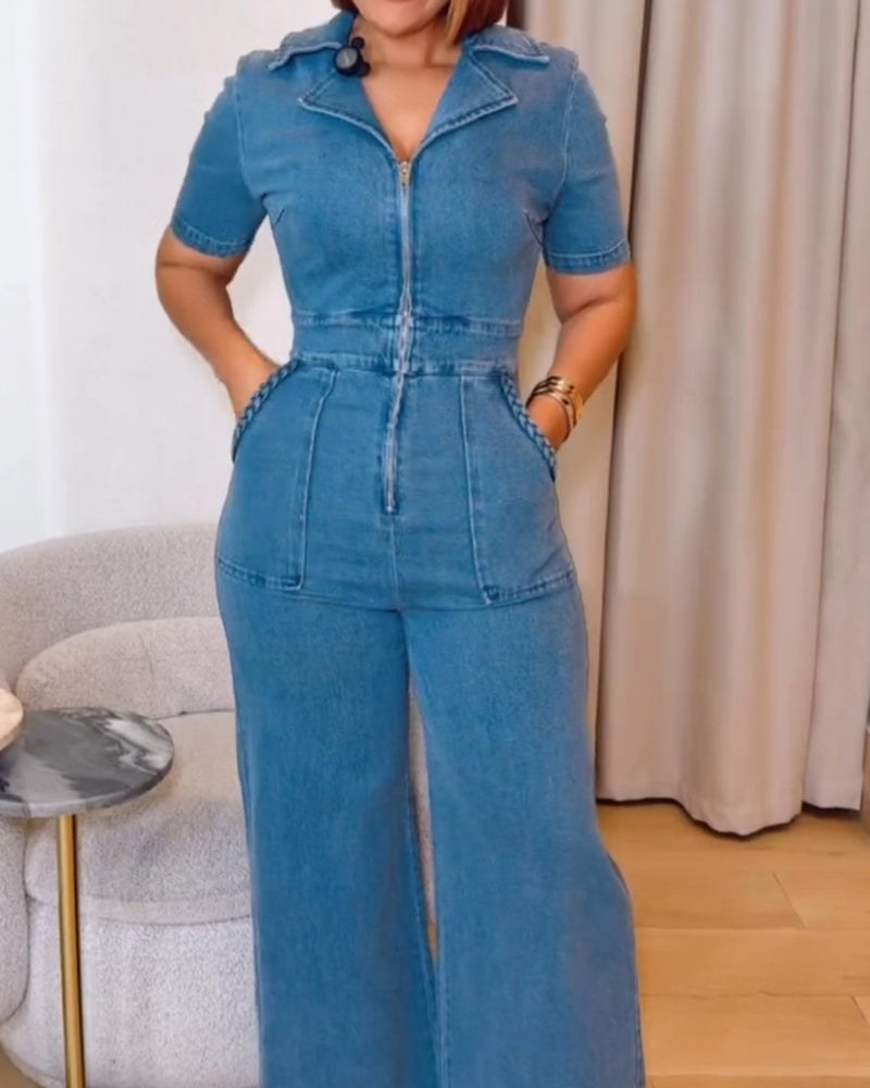 Women's Casual Short Sleeve Loose Straight Leg Denim Jumpsuits with Pockets  - By Qivii