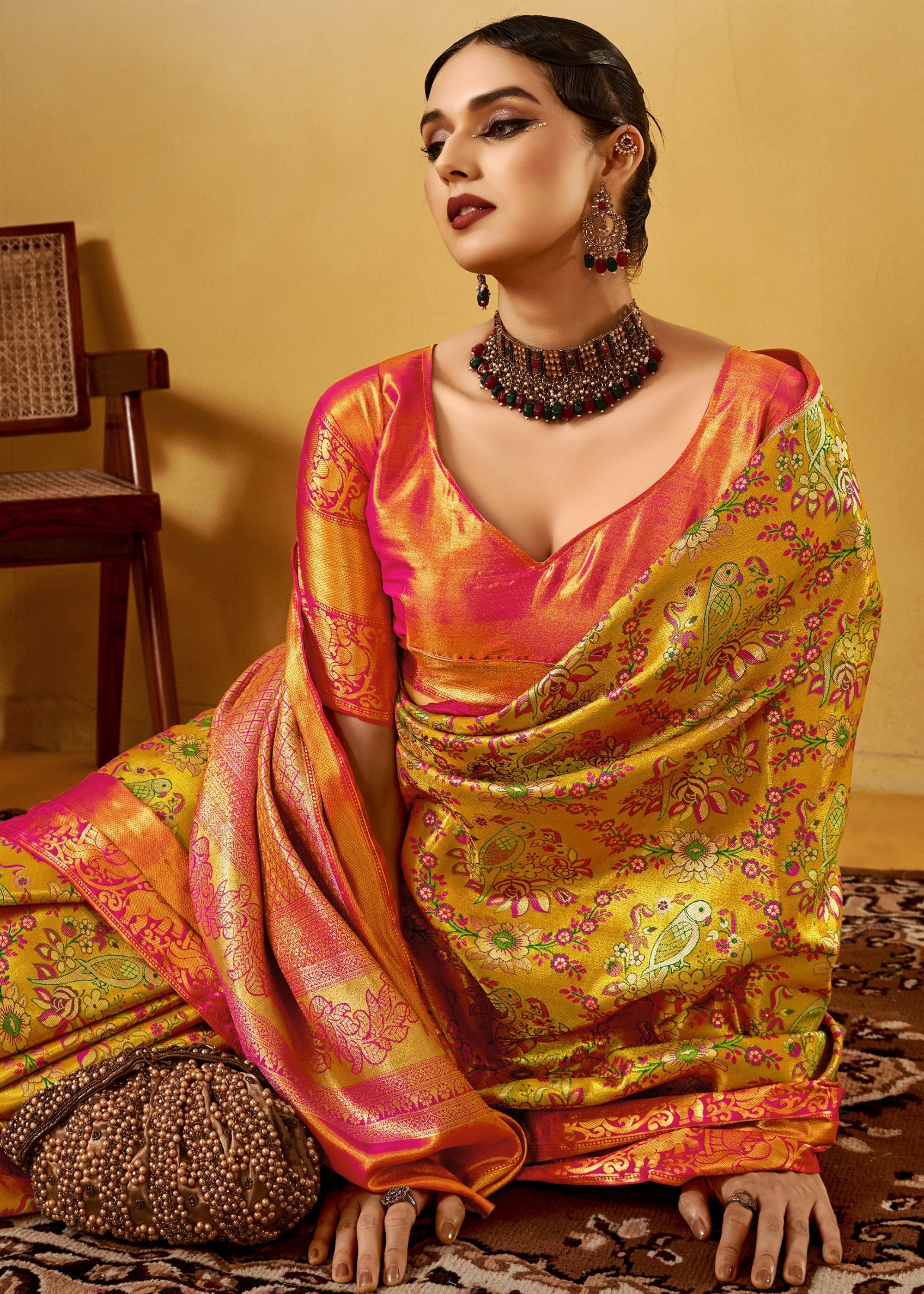 Yellow and Orange Handloom Dharamavaram Silk Saree - qivii