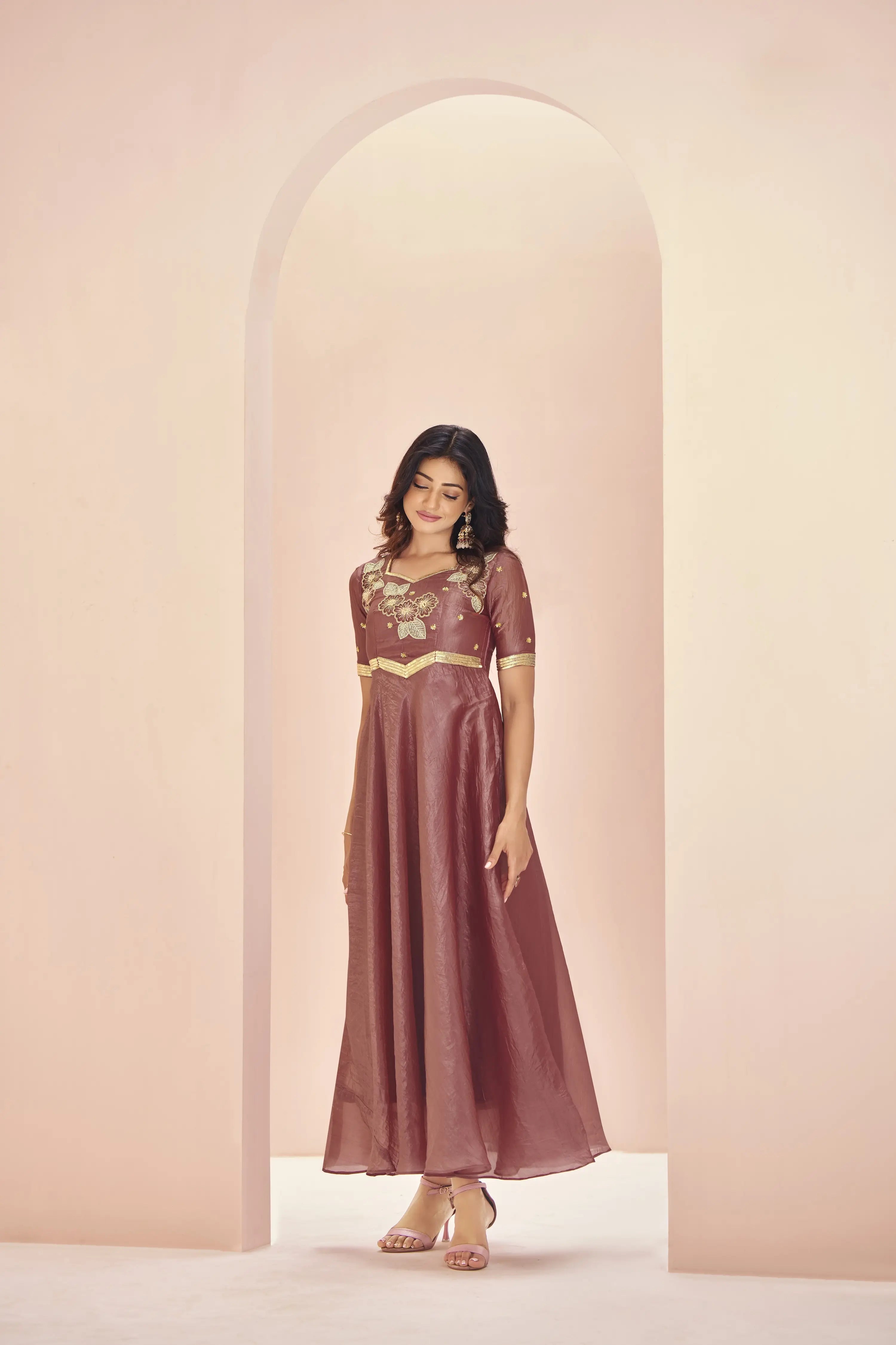 Coral Red Organza Kurta With Handwork - qivii