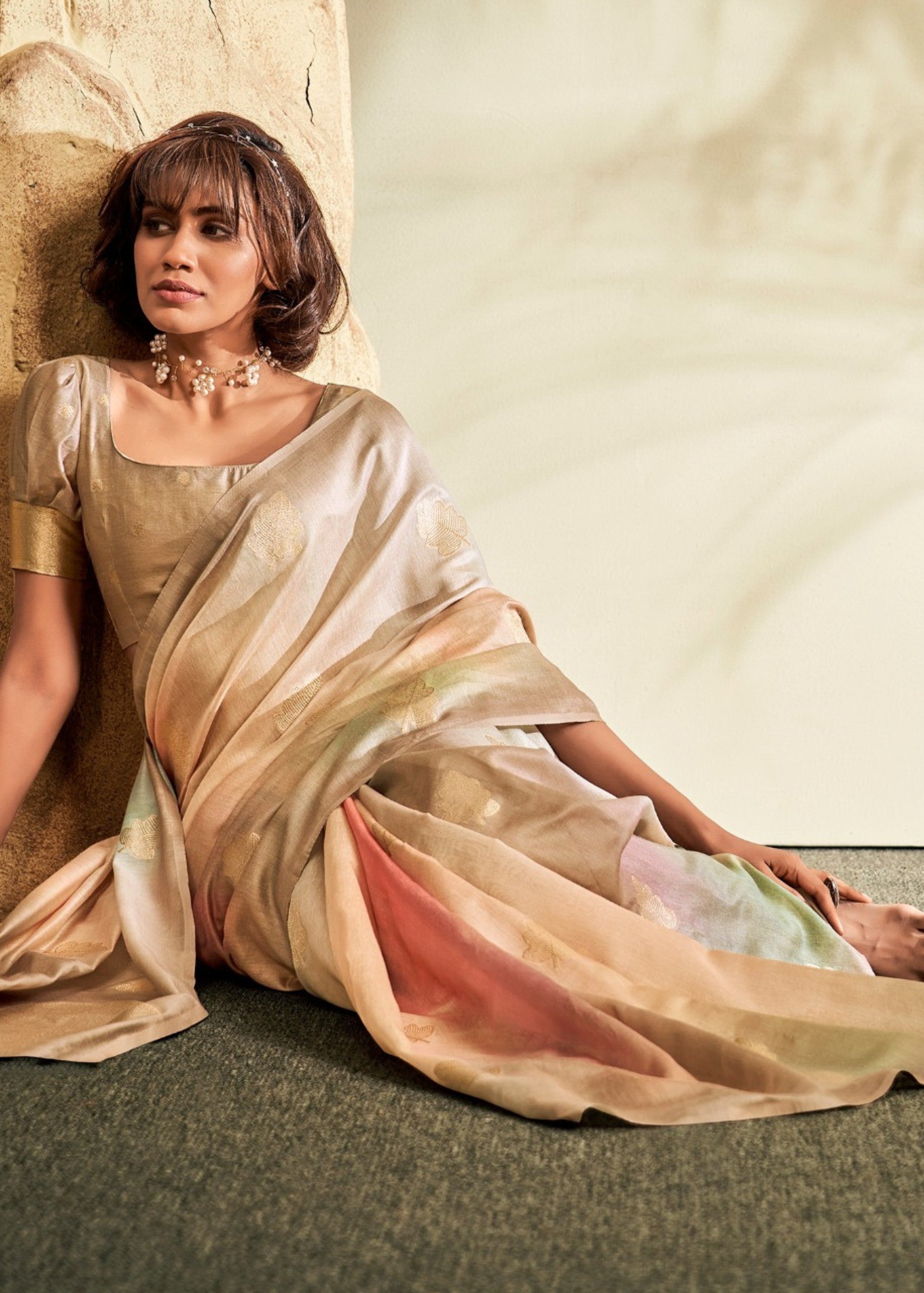 Beige Golden Handloom Khadi Silk with Digital Print - qivii