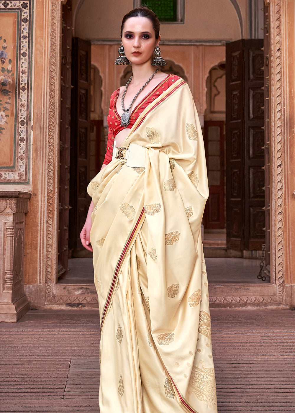 Cream Woven Satin Silk Saree With Contrast Brocade Blouse