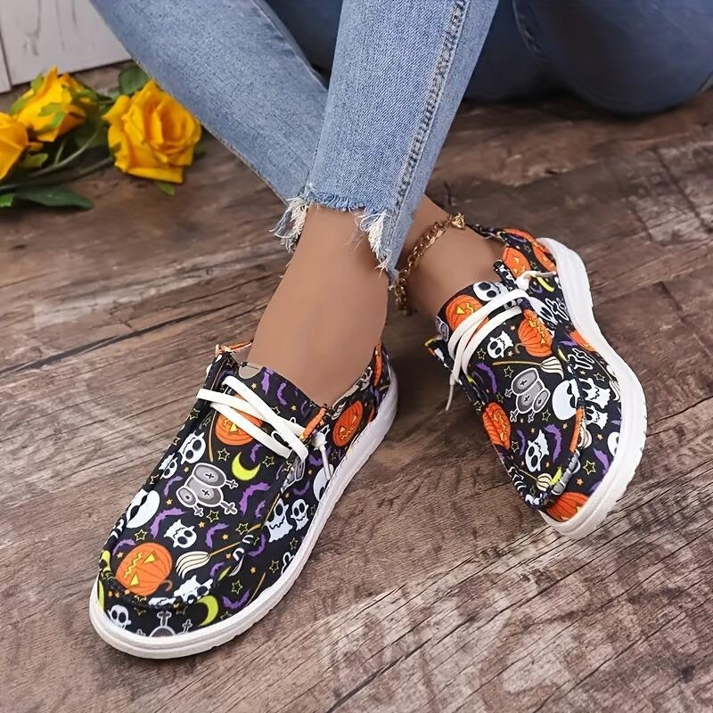 Women‘s Spooky Chic Canvas Sneakers - Halloween Pumpkin Skeleton Print Casual Shoes- US(5-9)
