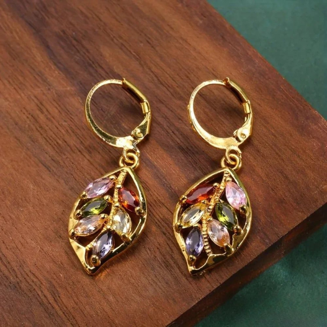 Vintage Oorbellen in Multikleur Gouden Blad  - By Qivii