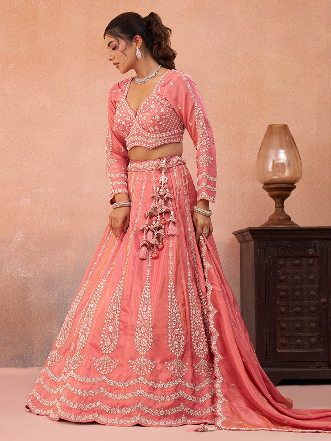 Peach Tissue Beads & Sequins Embroidered Lehenga Set