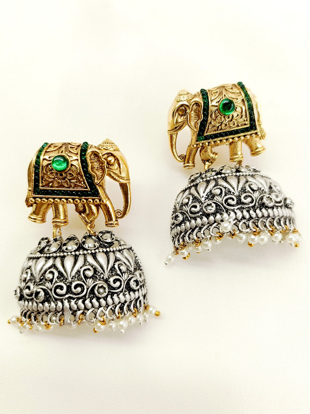 Baani Green Elephant Oxidized Earrings