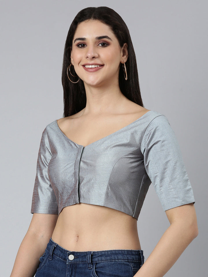 Grey-Toned Pure Silk Plain Readymade Blouse