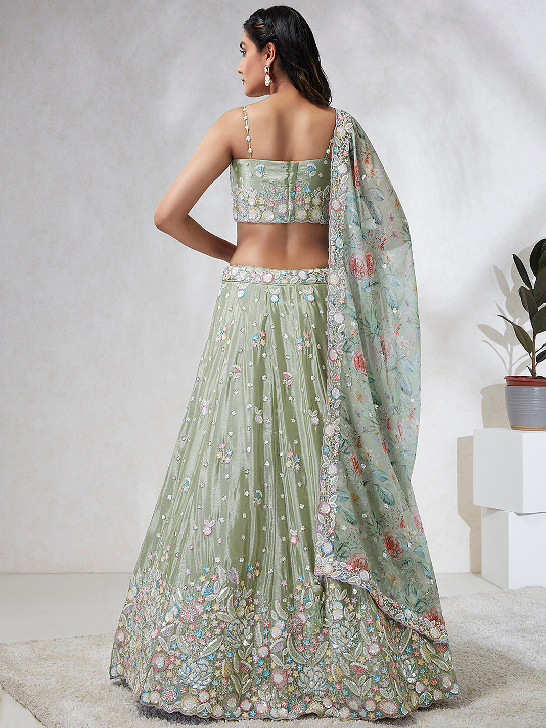 Multi Color Chiffon Embroidered using Sequins,Thread & Coding Stitched Lehenga choli