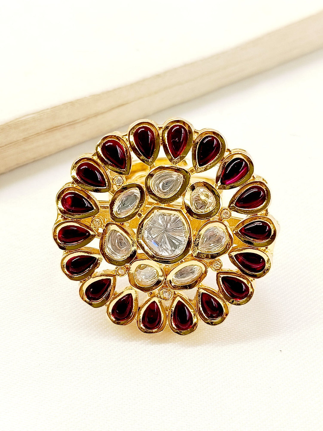 Handcrafted Yashfreen Maroon Kundan Finger Ring with intricate gold detailing