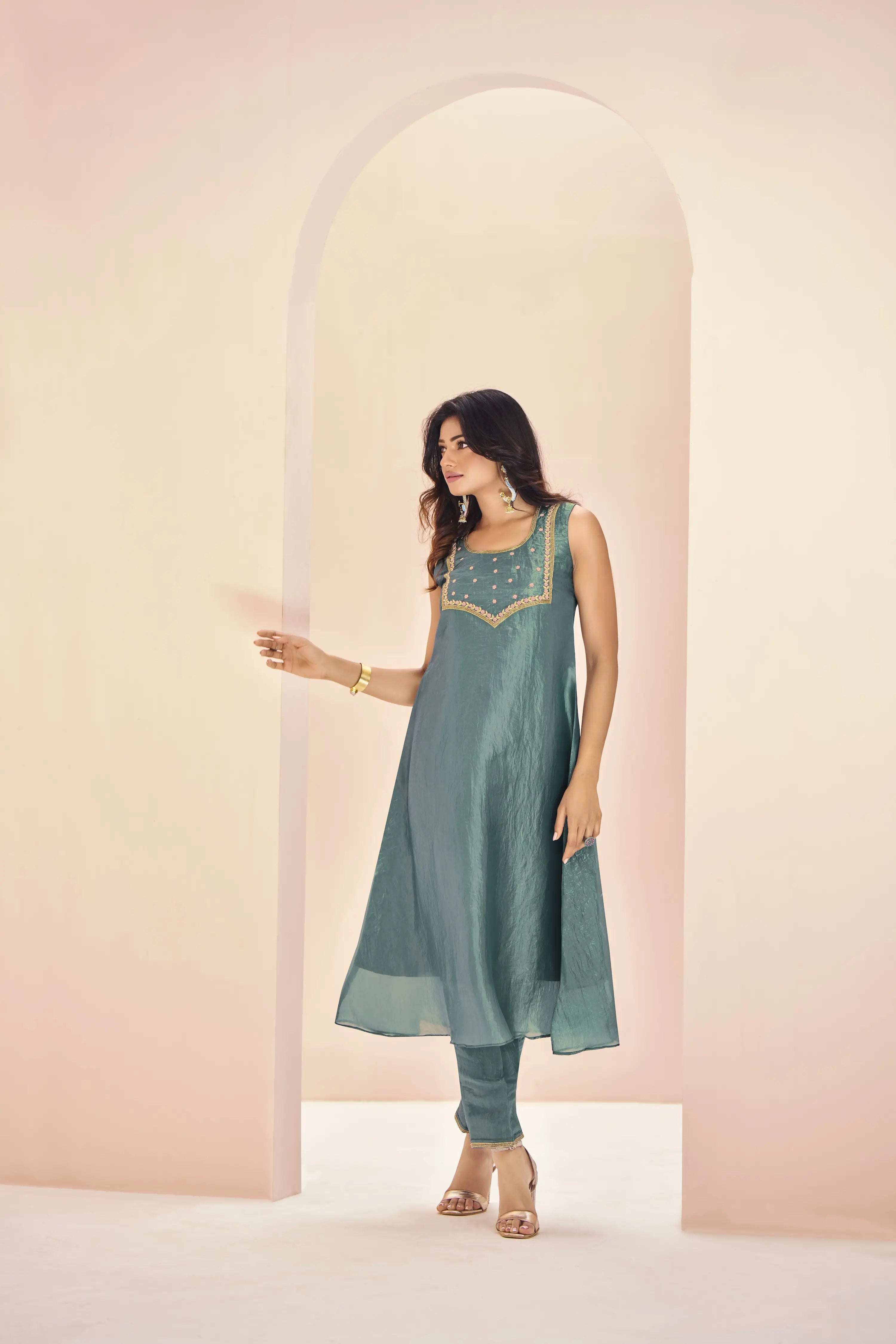 Aqua Green Organza Salwar Suit With Handwork - qivii
