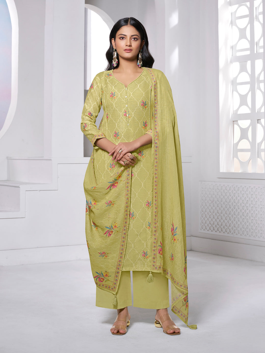 OLIVE PRINTED WITH LACE WORK STRAIGHT KURTA WITH DYED TROUSERS AND PRINTED DUPATTA