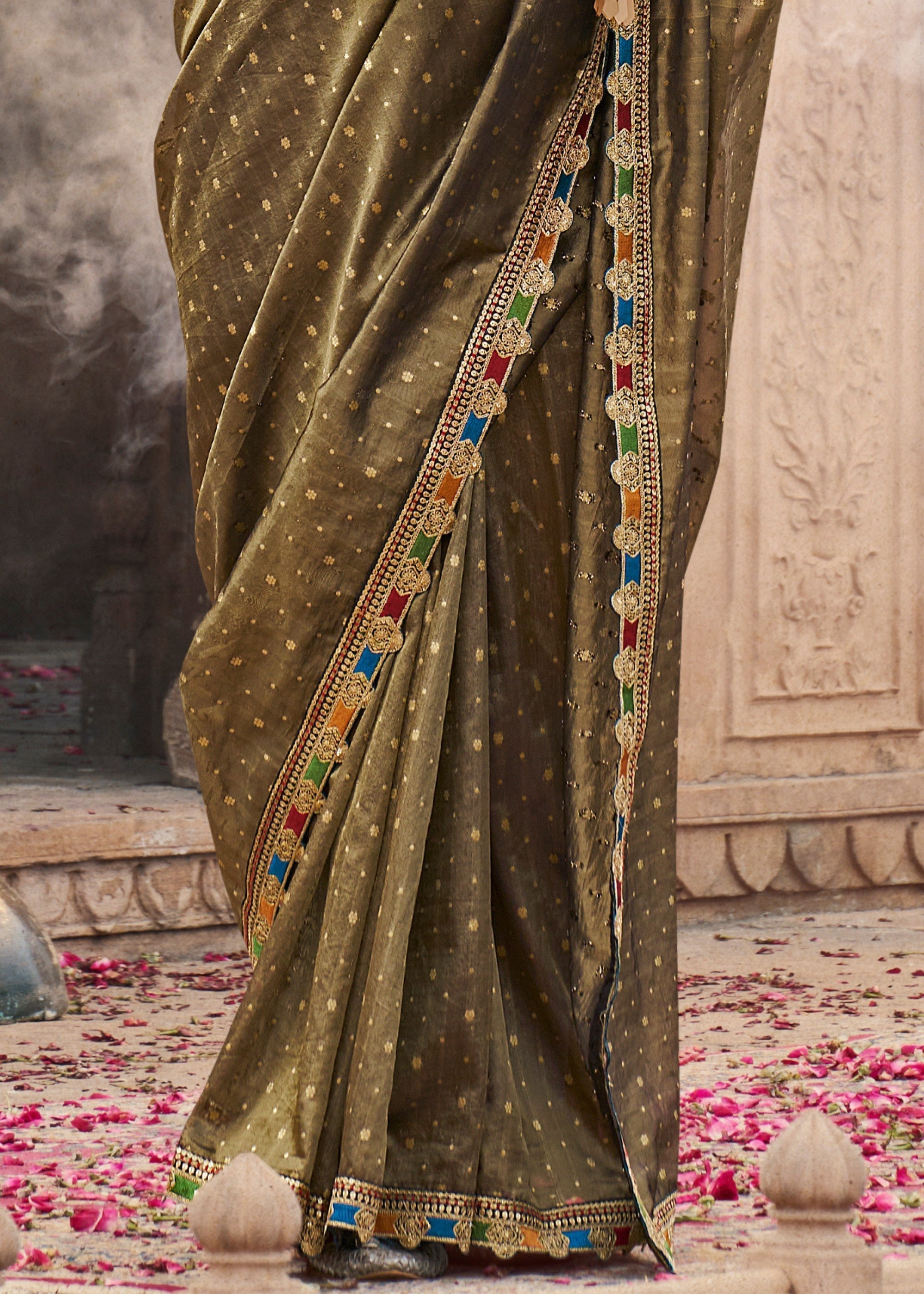 Army Green Tissue Silk Saree With Multicolored Lace & Designer Blouse - qivii