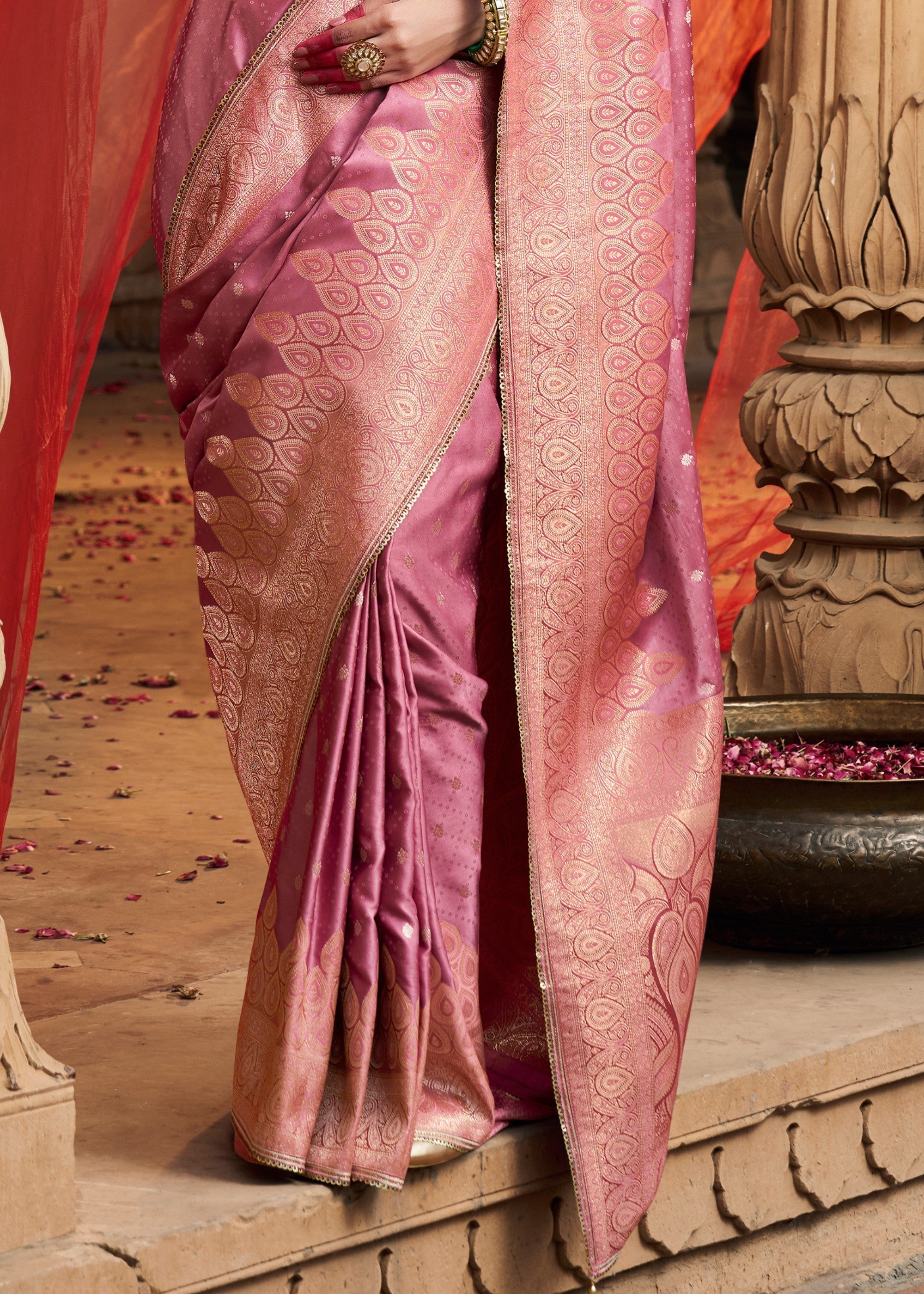 Fuchsia Pink Satin Silk Saree With Beautiful Lace Border And Heavy Designer Embroidered Blouse - qivii
